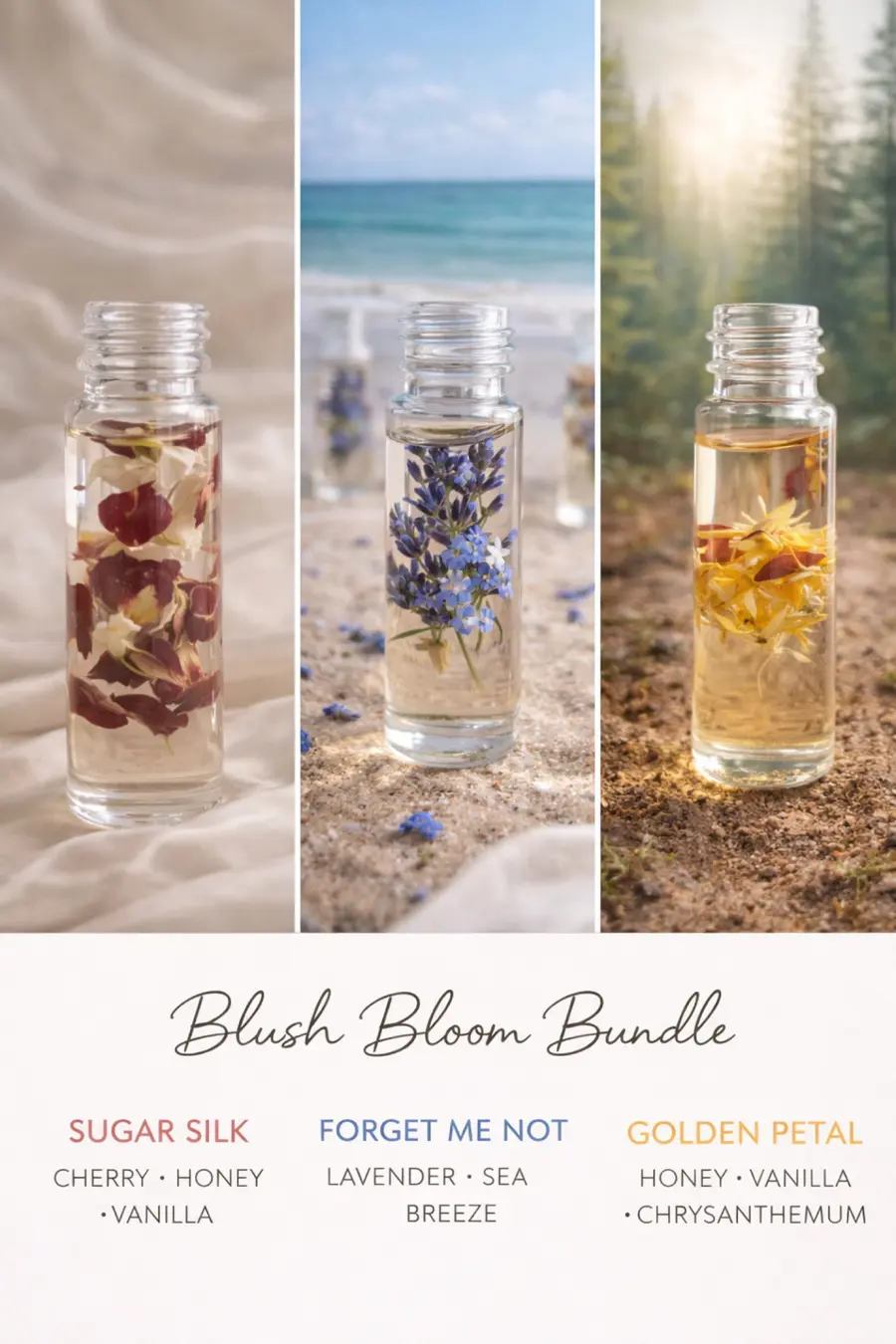 Three botanical perfume oils in the Blush Bloom Bundle
