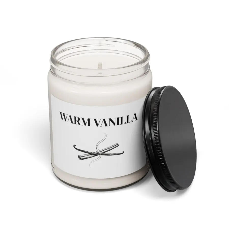 Warm Vanilla botanical candle with a black lid