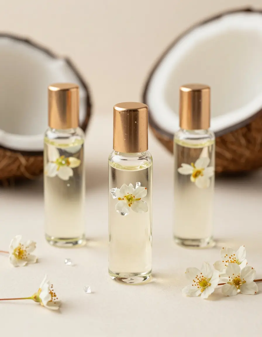 Coconut oil roller bottles with flowers and crystals inside.